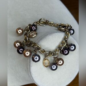 Gold Tone Faux Pearl Charm Bracelet – Purple & Champagne Beads, Crystal Accents